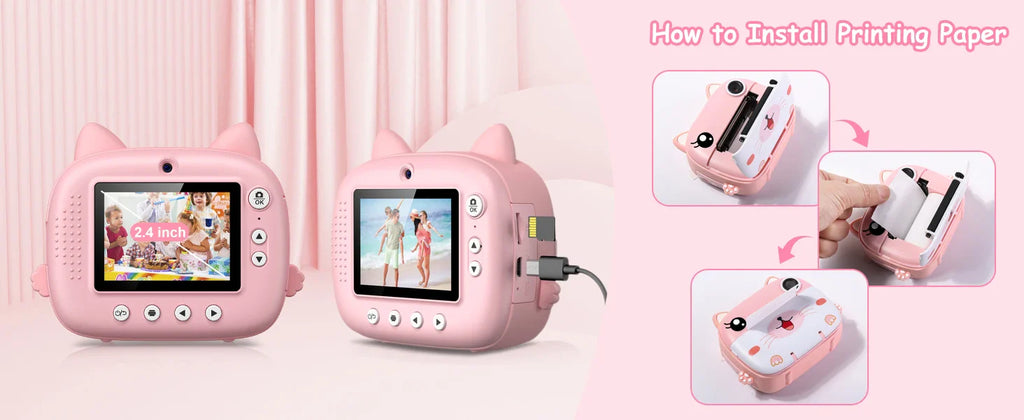 Kids Instant Print Camera 2.4 Inch 1080P Digital Camera Portable Cartoon Video Camera With 32GB Card & 5 Color Pens