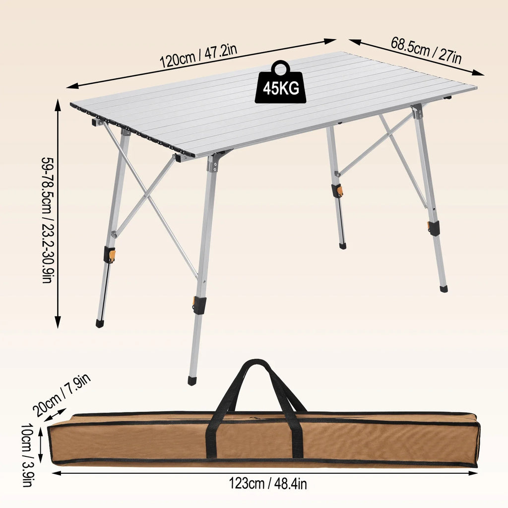 WOLTU Aluminum Folding Travel Camping Table with Carry Bag 120x68.5cm Adjustable Height Outdoor Garden Table for 4-6 People
