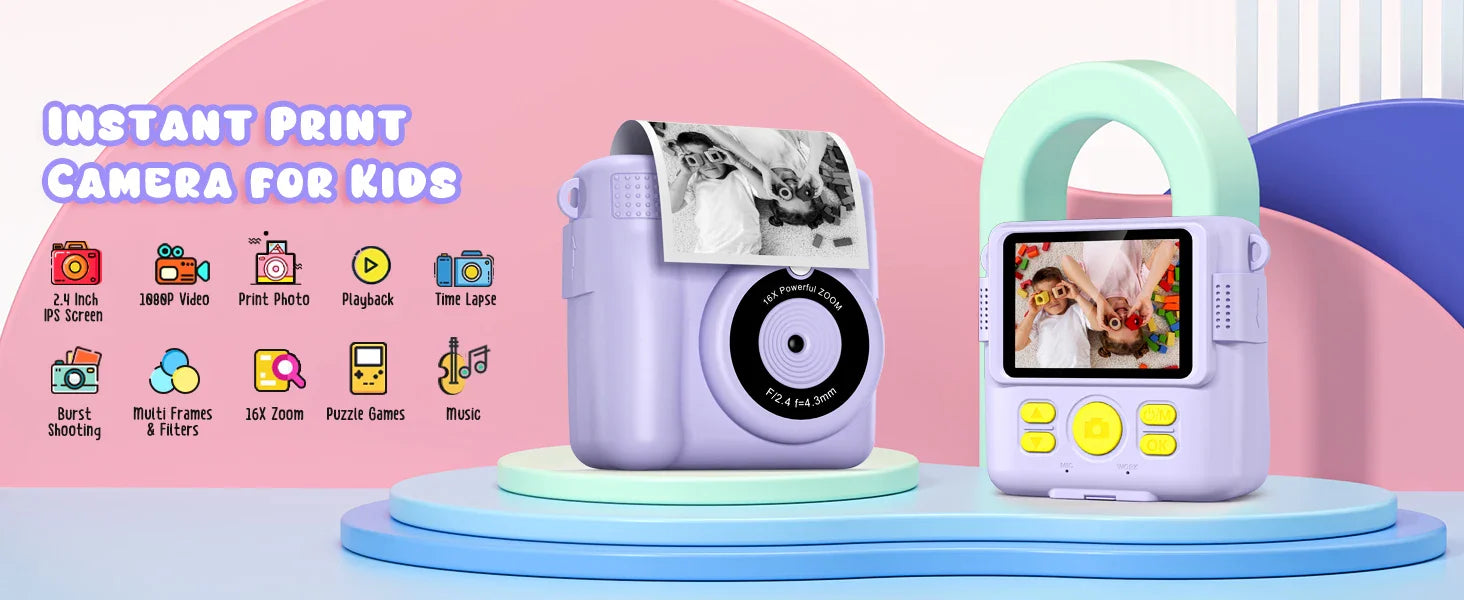 Kids Digital Camera 2.4" 1080P HD Video Camera Portable Instant Print Camera with 32GB Card, Birthday Gift for Boys Girls 3-12