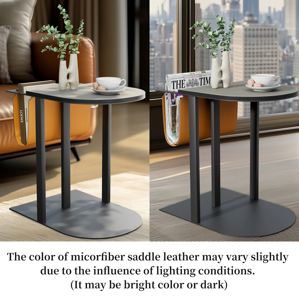 Light-Luxury Narrow Sofa Side Table, Saddle Leather Top, Bedside End Table, Magazine Rack for Living Room and Bedroom