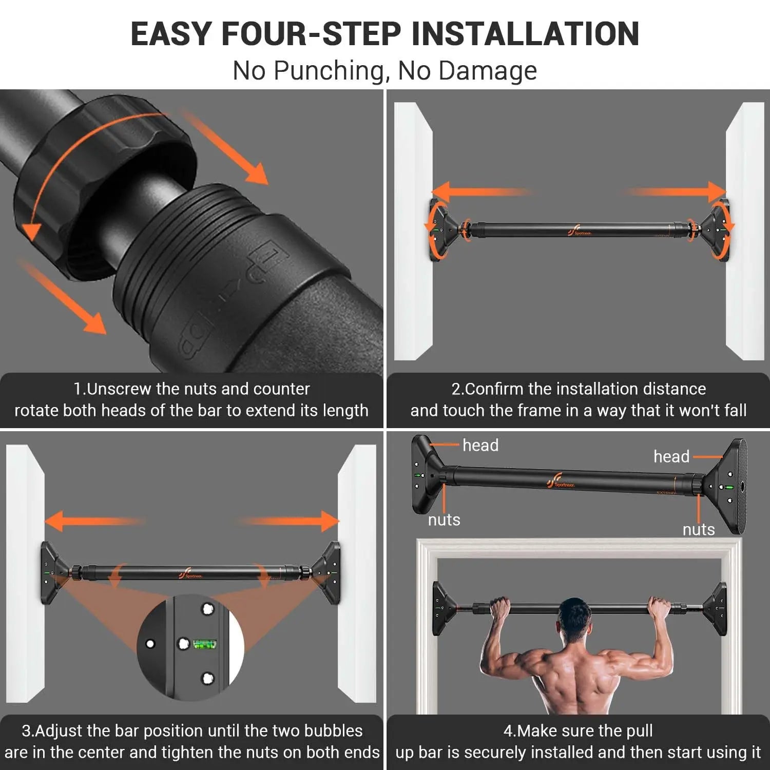 Sportneer Indoor Home Pull Up Bar Adjustable Width Strength Training Chin up Bar without Screws Max 440lbs for Fitness Exercise