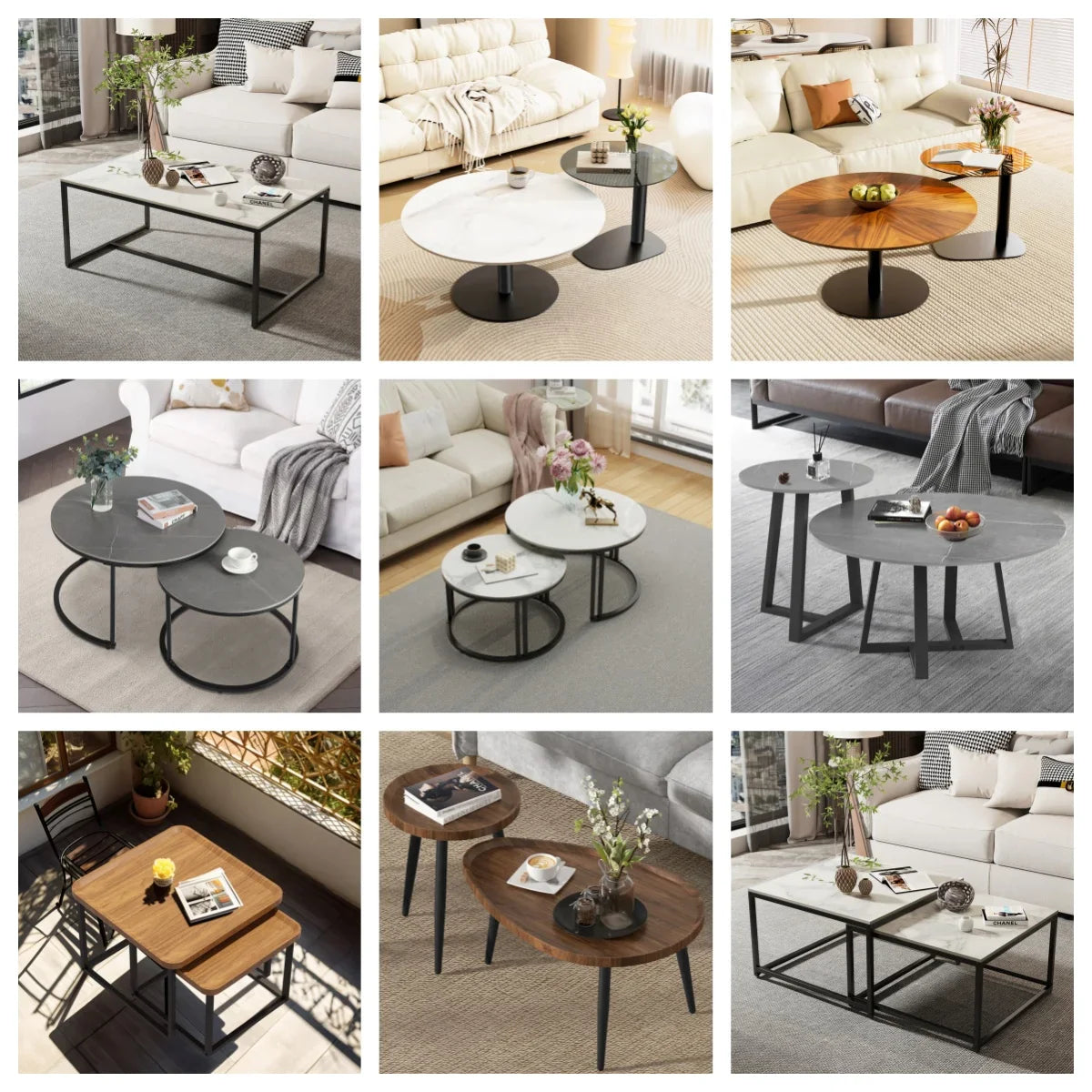 LUVODI Modern Set of 2 Living Room Round Center Table Furniture Marble Sofa Side Nesting Coffee Table with Metal Legs