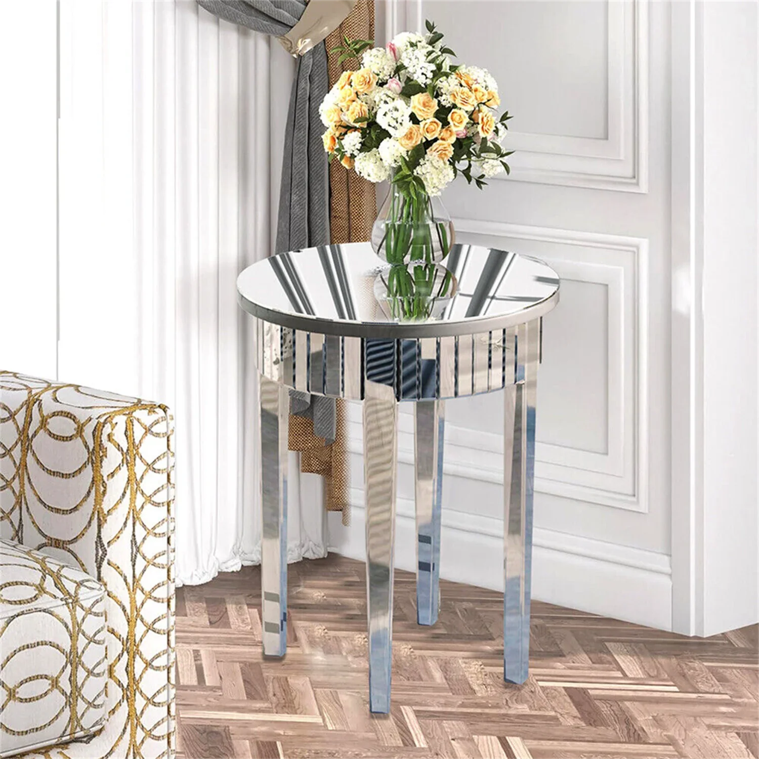 Mirrored Side End Table with Geometric Legs, Modern Furniture for Hallway, Living Room and Bedroom