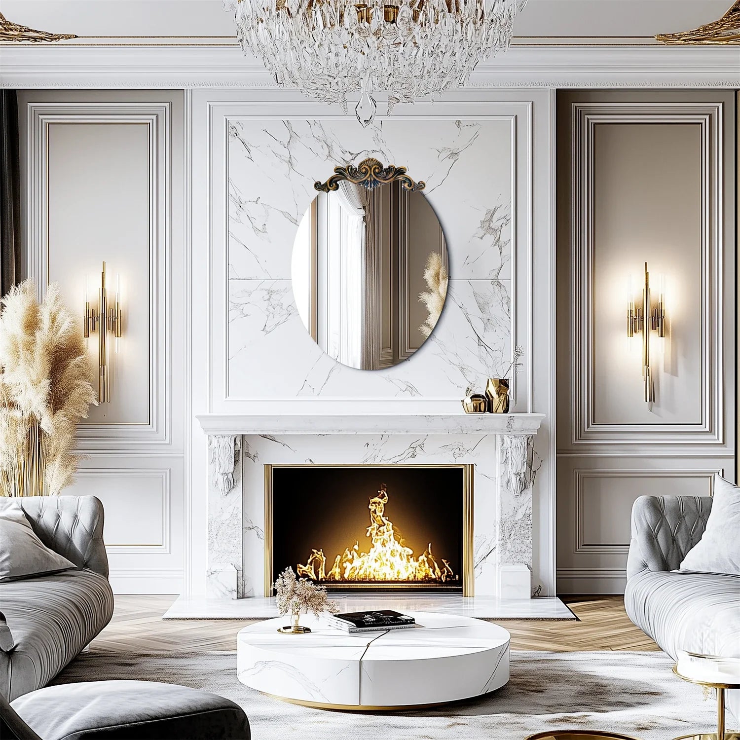 50/60/70CM Oval Vintage Baroque Mirror 3D Embossed Antique Frame Glam Wall Glass Mirror for Entryway, Fireplace, Living Room