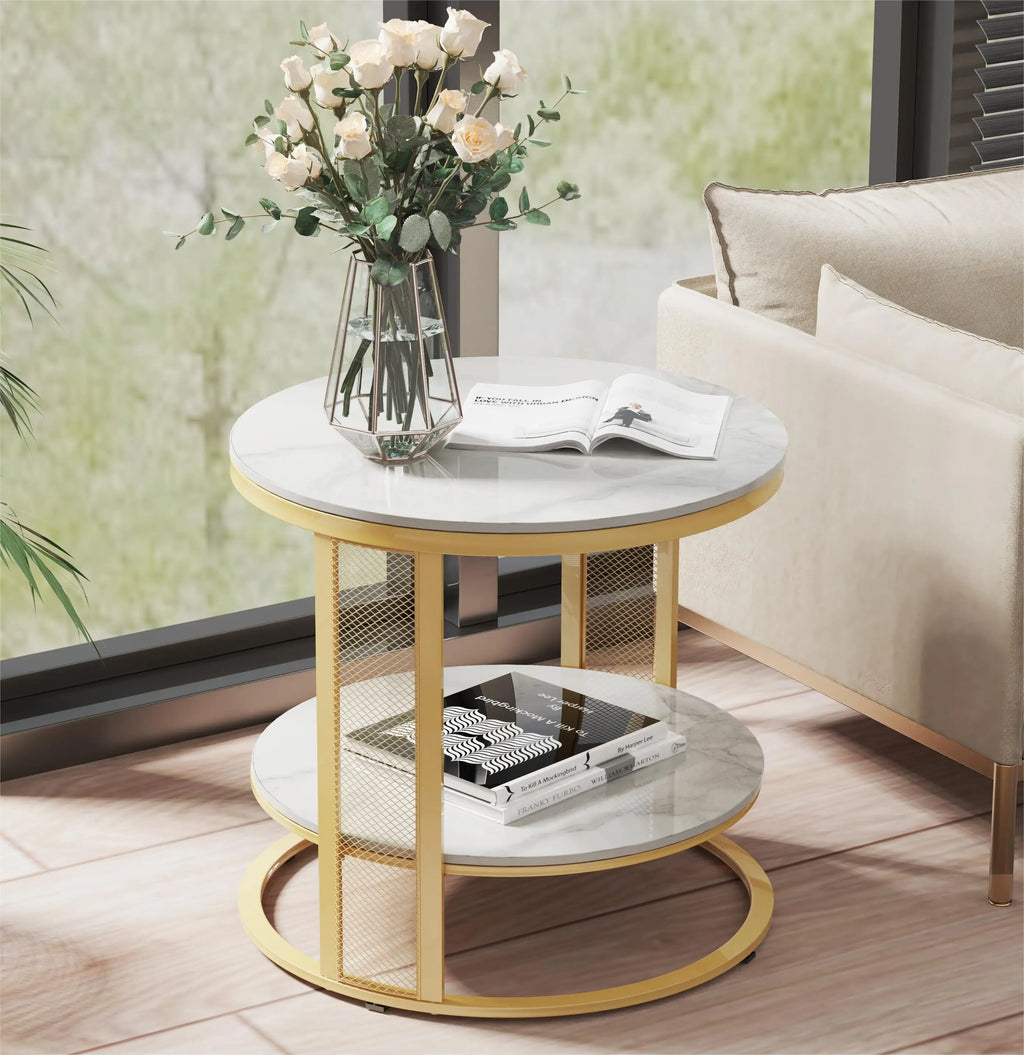Marble Effect Coffee Table, Large Sofa Side End Table, Golden Metal Frame, 2 Tier, Home Living Room Furniture