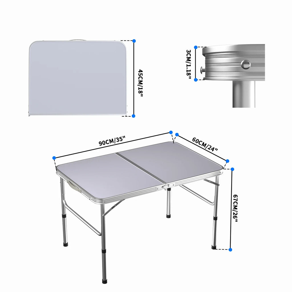 Picnic Folding Table Aluminium Foldable Adjustable Portable White Camping Table with Carrying Handle 90x60x37/67cm