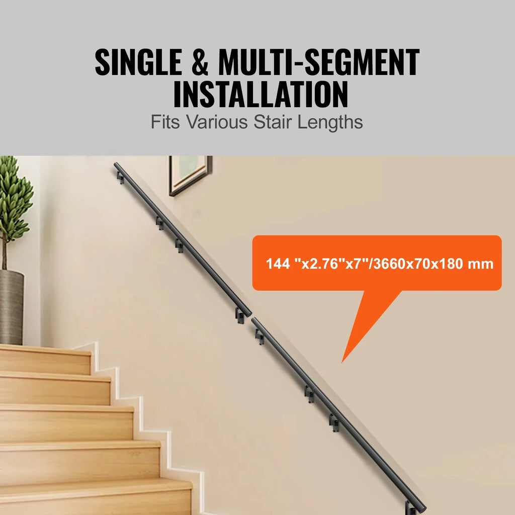 VEVOR 4/5/7/12 ft Handrail Stair Railing 440 LBS Wall Mount Stairway Hand Rail with Installation Kit for Indoor Outdoor Stairs