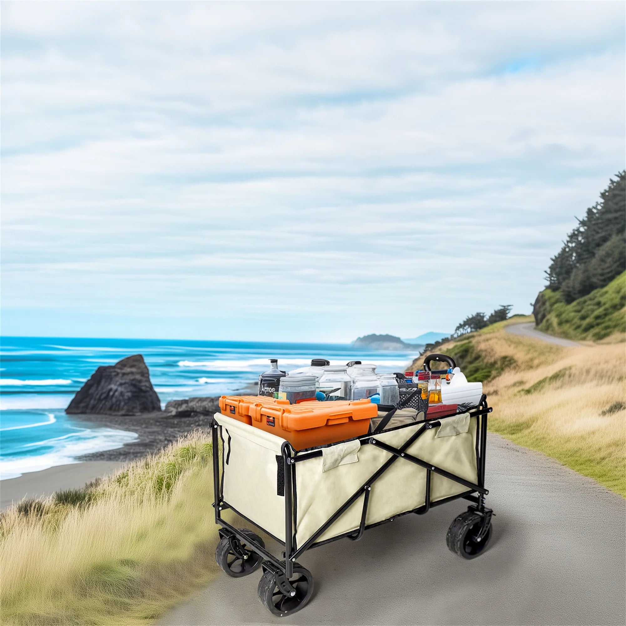 Wisfor 440 Lbs Foldable Wagon Cart , Heavy Duty Metal Garden Cart with Adjustable Handle for Camping  Shopping Beach