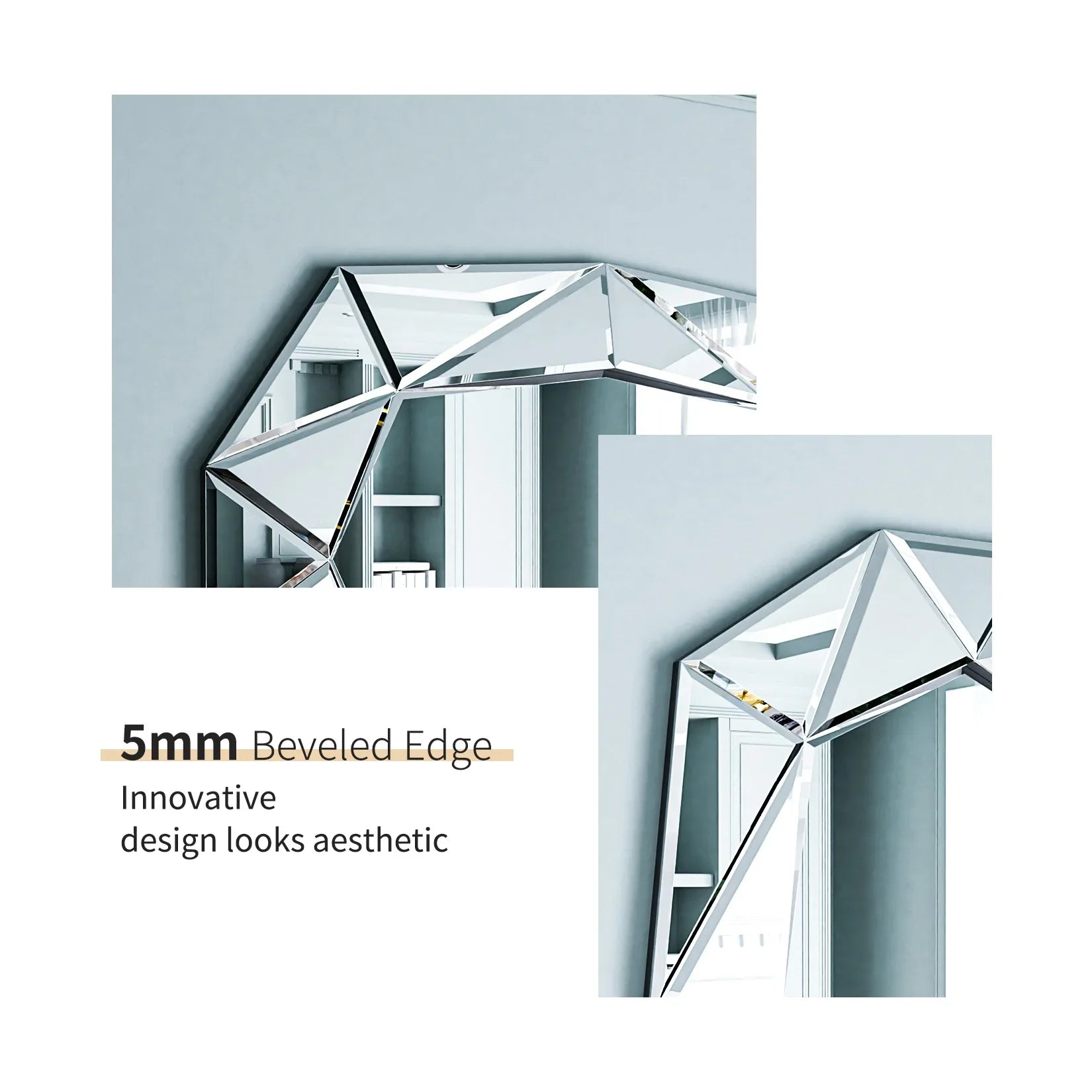 3 Colors Geometric Mirrored Hnaging Clock Irregular Decorative Beveled Glass Wall Clock with Roman Numerals