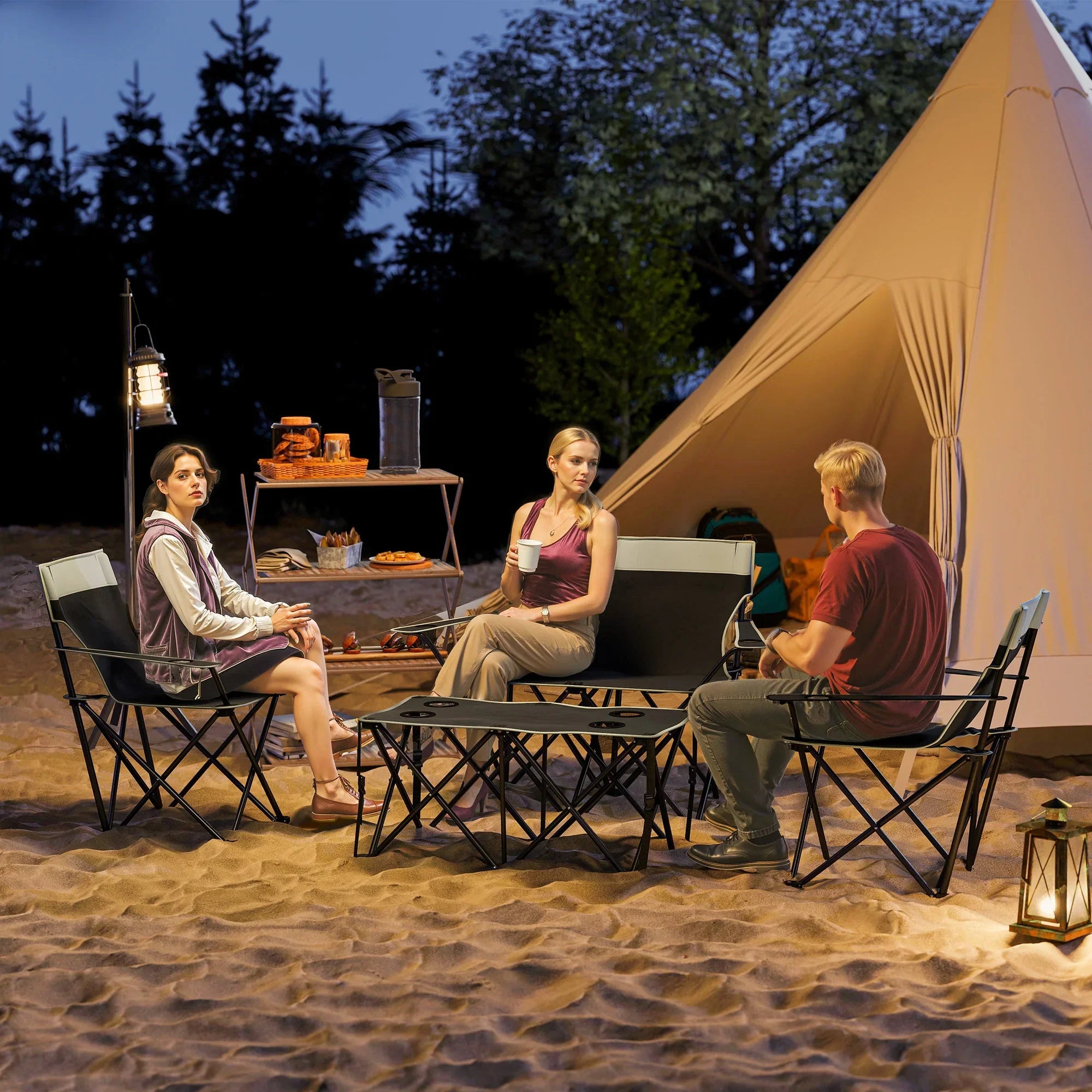 Outsunny 4 Piece Foldable Camping Table and Chairs Set, Grey