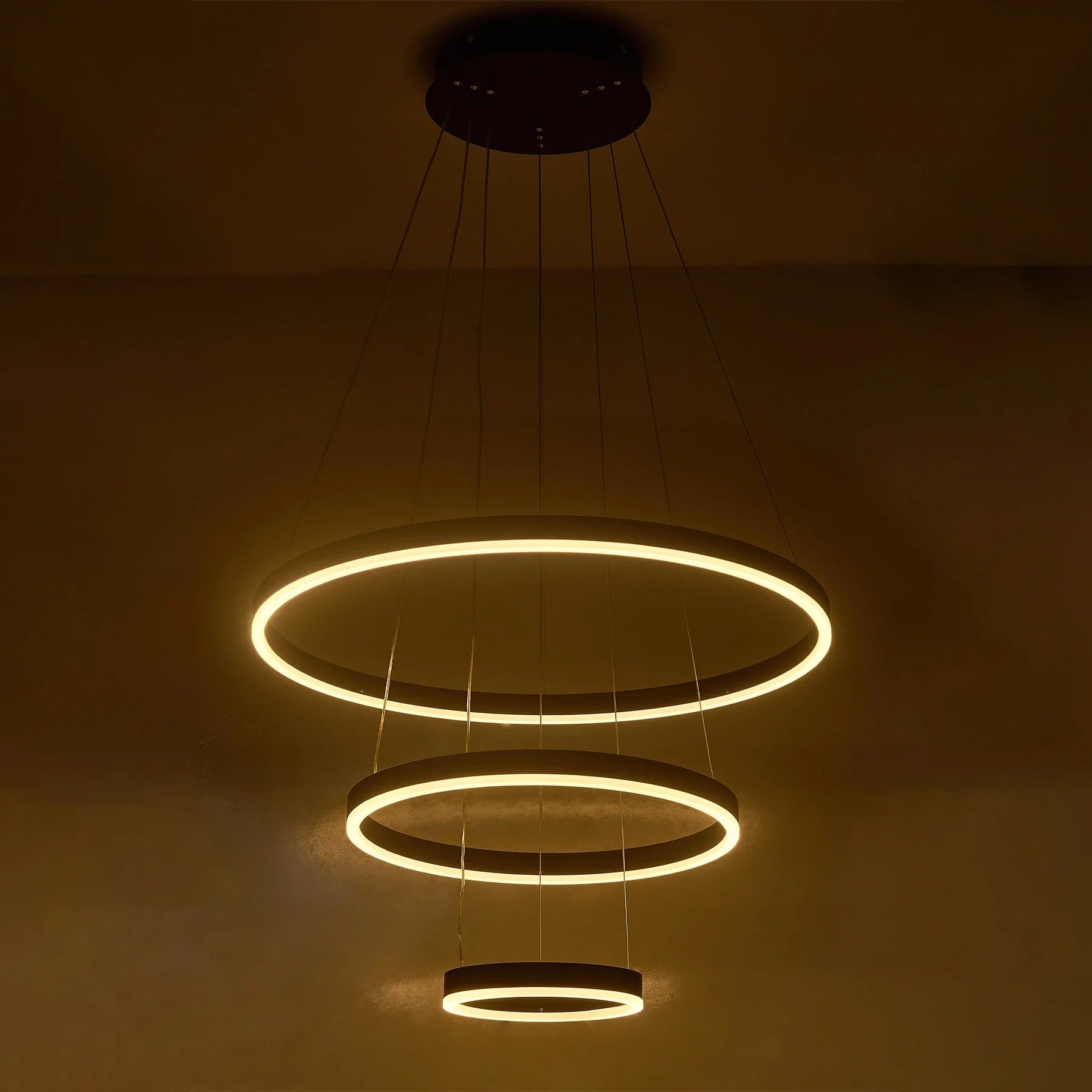 KOMORE Modern 3 Ring Aluminum Round Hanging LED Pendant Light Stepless Dimming & Cool White for Kitchen Living Room Hallway