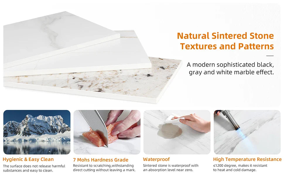 High Gloss 4-6 Seat Rectangular Marble Dining Table for Kitchen Island Restaurant Lunch Dinner Table Metal Frame