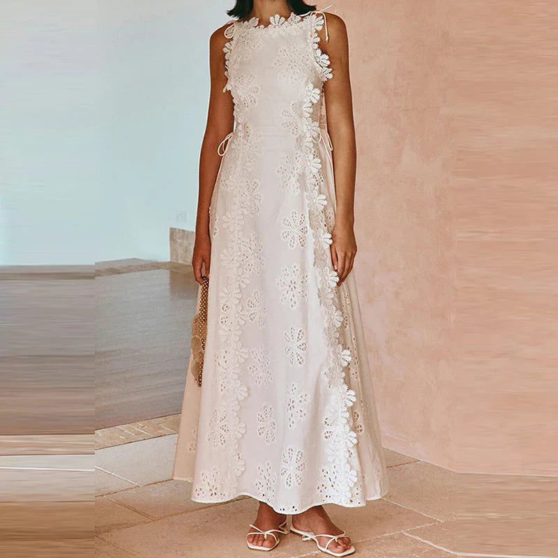 Summer Lace Jacquard Women's Banquet Dress Elegant O Neck Sleeveless Lace Up Beach Dress Fashion Hollow Out Slim Fit Long Dress