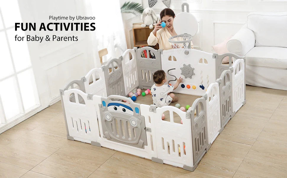 UBRAVOO Foldable Baby Playpen with Basketball Hoop & 50Pcs Coloured Pit Balls,  Toddler and Baby Play pen  fence, 14-Panel