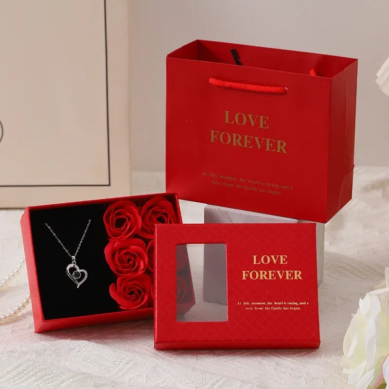 Valentine's Day Jewelry Gift Packaging Box  6 Rose Pendants Ring Bracelet Eternal Flower Window Opening Jewelry Box Romantic Bag