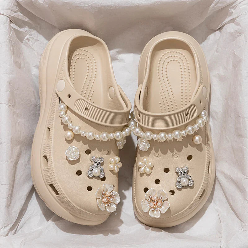 Pearl Chain Chunky Platform Sandals Women 2025 Summer Thick Bottom Beach Clogs Shoes Woman Fashion Flower Decor EVA Garden Shoes
