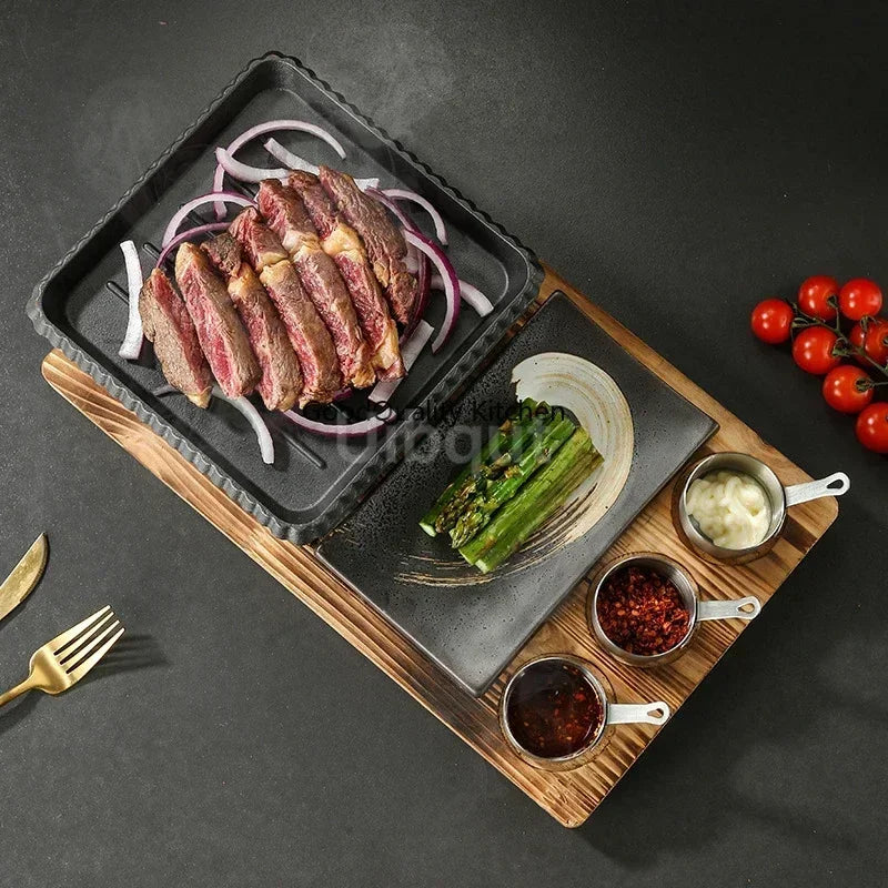 Dining room single and double tableware Cast iron barbecue plate Square alcohol oven baking tray Korean style barbecue stove set