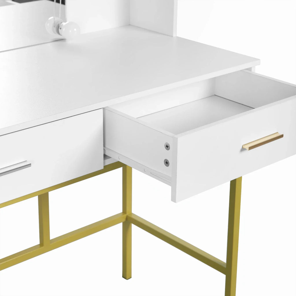 White Gold Vanity Desk with Mirror LED Lighting 2 Drawers Modern Dresser Dressing Table Makeup Table for Bedroom Household Home
