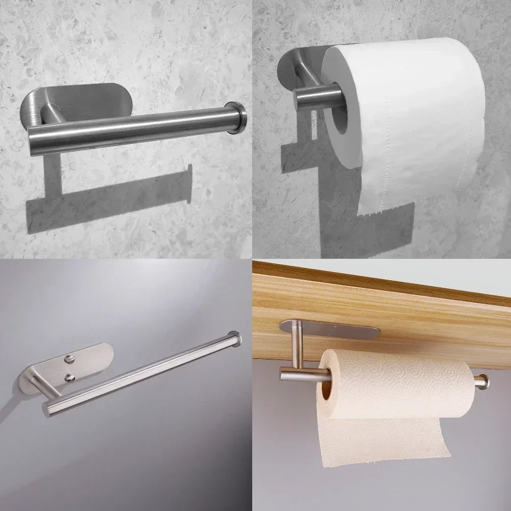 Adhesive Toilet Roll Paper Holder Organizer Wall Mount Storage Stand Kitchen Bathroom No Drill Tissue Towel Dispenser Stainless
