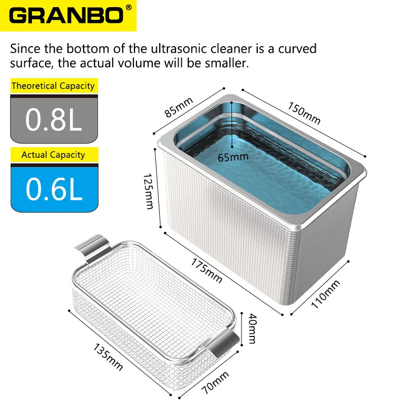 Granbosonic Ultrasonic Cleaner 800ML 1L 40KHz 35W 60W Easy Operation Jewelry Glasses Makeup Washer Bath New Design
