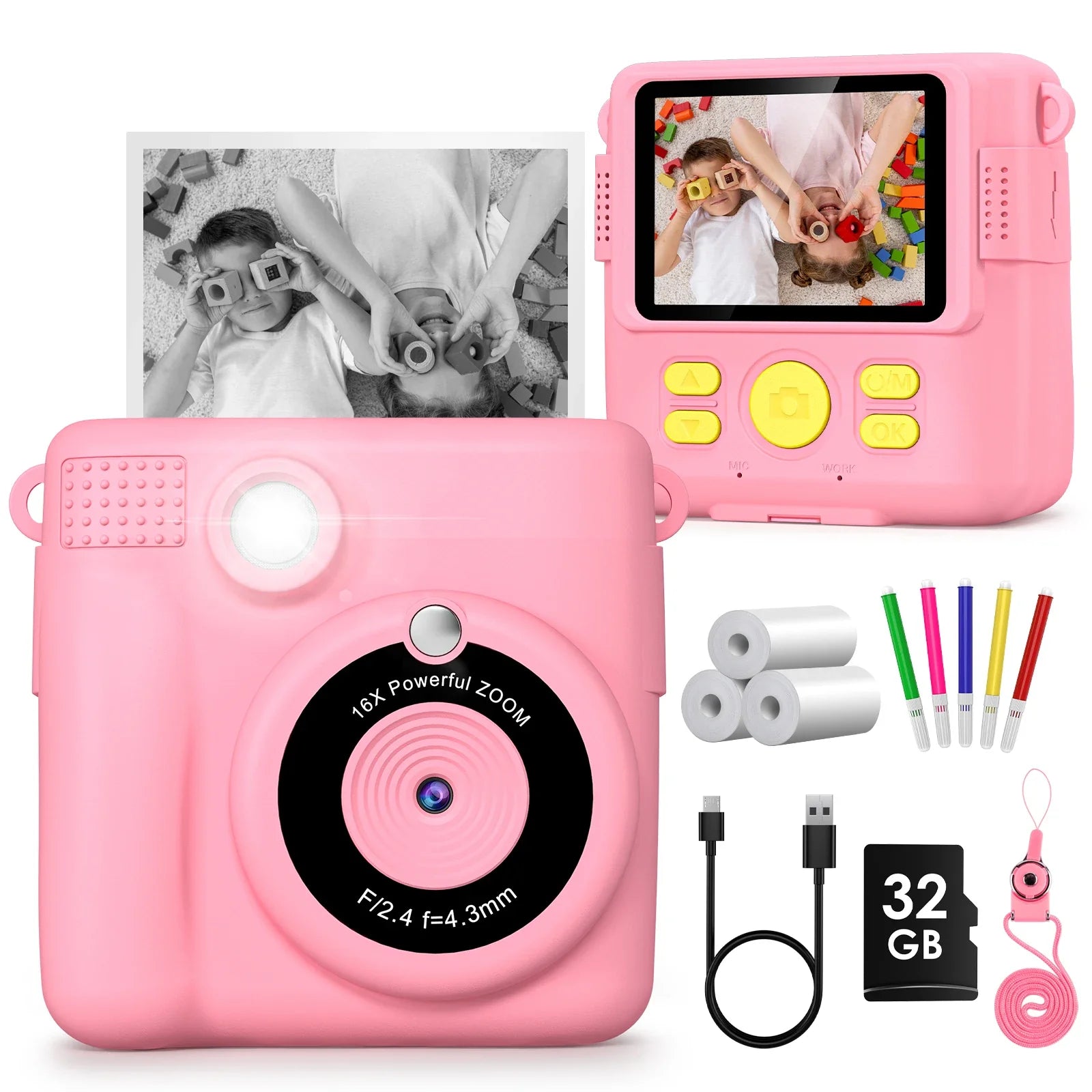 Kids Digital Camera 2.4" 1080P HD Video Camera Portable Instant Print Camera with 32GB Card, Birthday Gift for Boys Girls 3-12