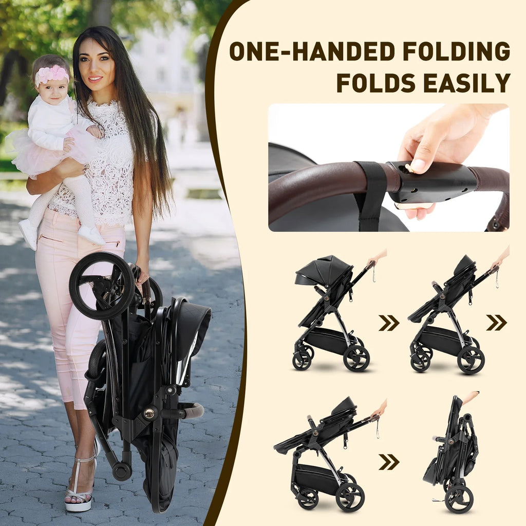 Baby stroller 3 in 1 Baby carriage Portable luxurious travel pram High landscape newborn baby stroller with baby carrier PU