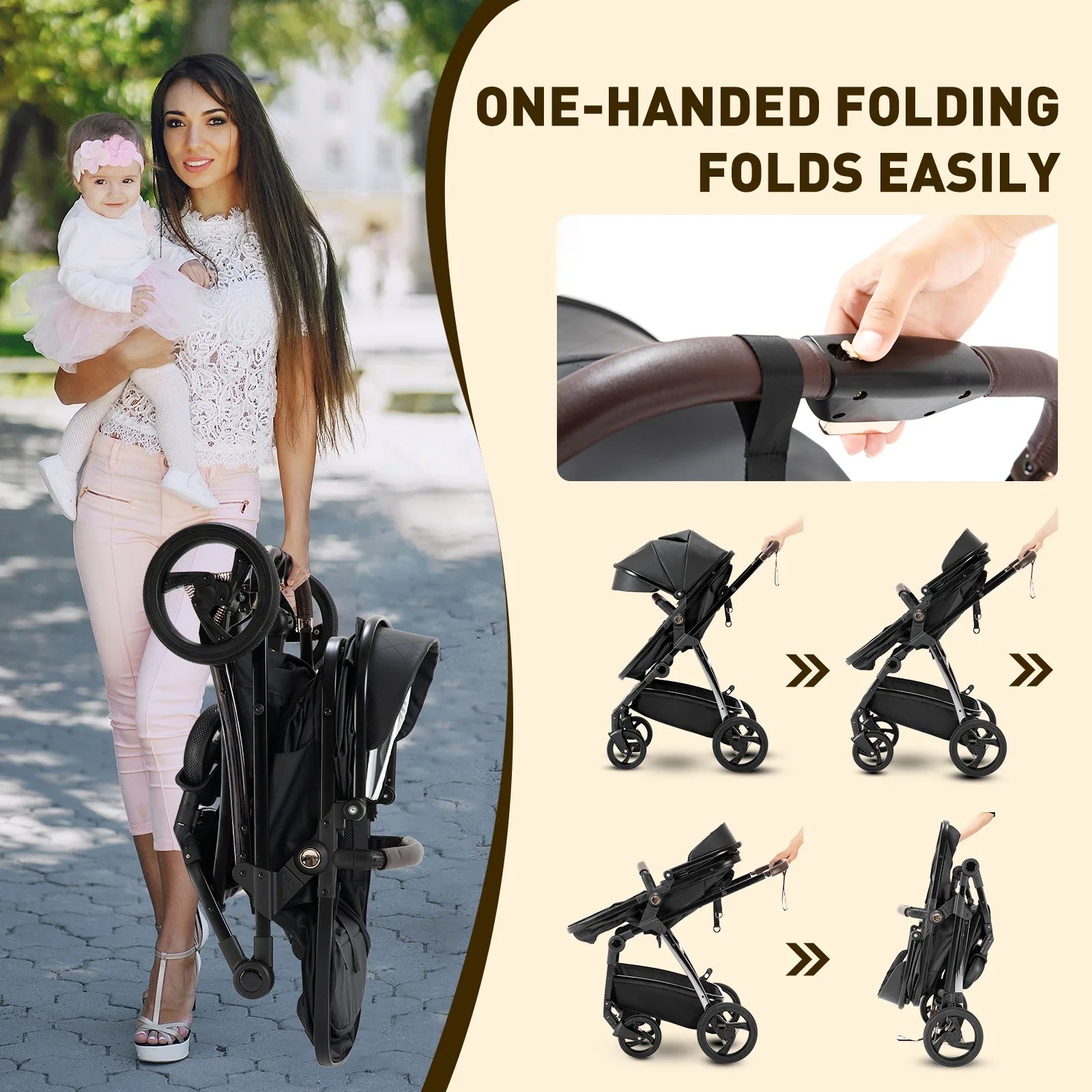 Baby stroller 3 in 1 Baby carriage Portable luxurious travel pram High landscape newborn baby stroller with baby carrier PU
