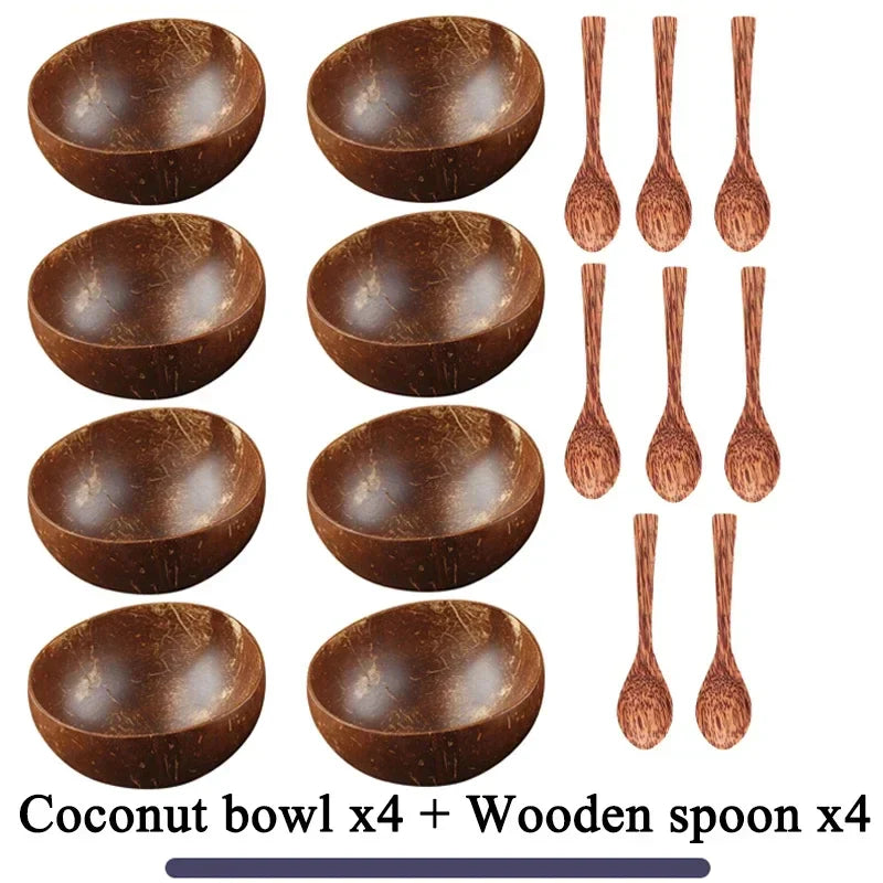 Natural Coconut Bowl Dinner Set for Women, Handmade Wooden Tableware, Wood Spoon, Dessert Fruit Salad, Mixing Rice Ramen Bowl, 1