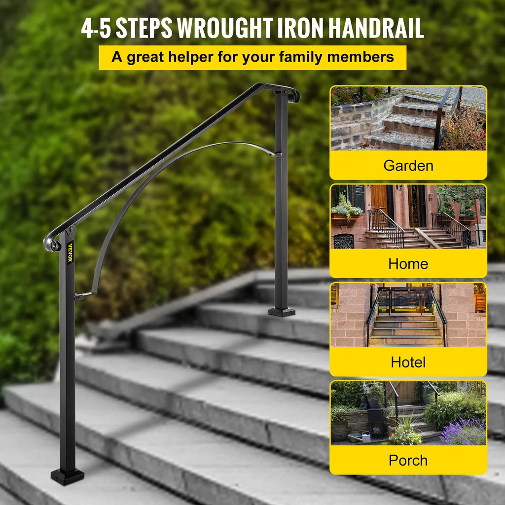 VEVOR Handrails for Outdoor Steps Fit 4 or 5 Steps Outdoor Stair Railing Arch#4 Wrought Iron Handrail Flexible Porch Railing