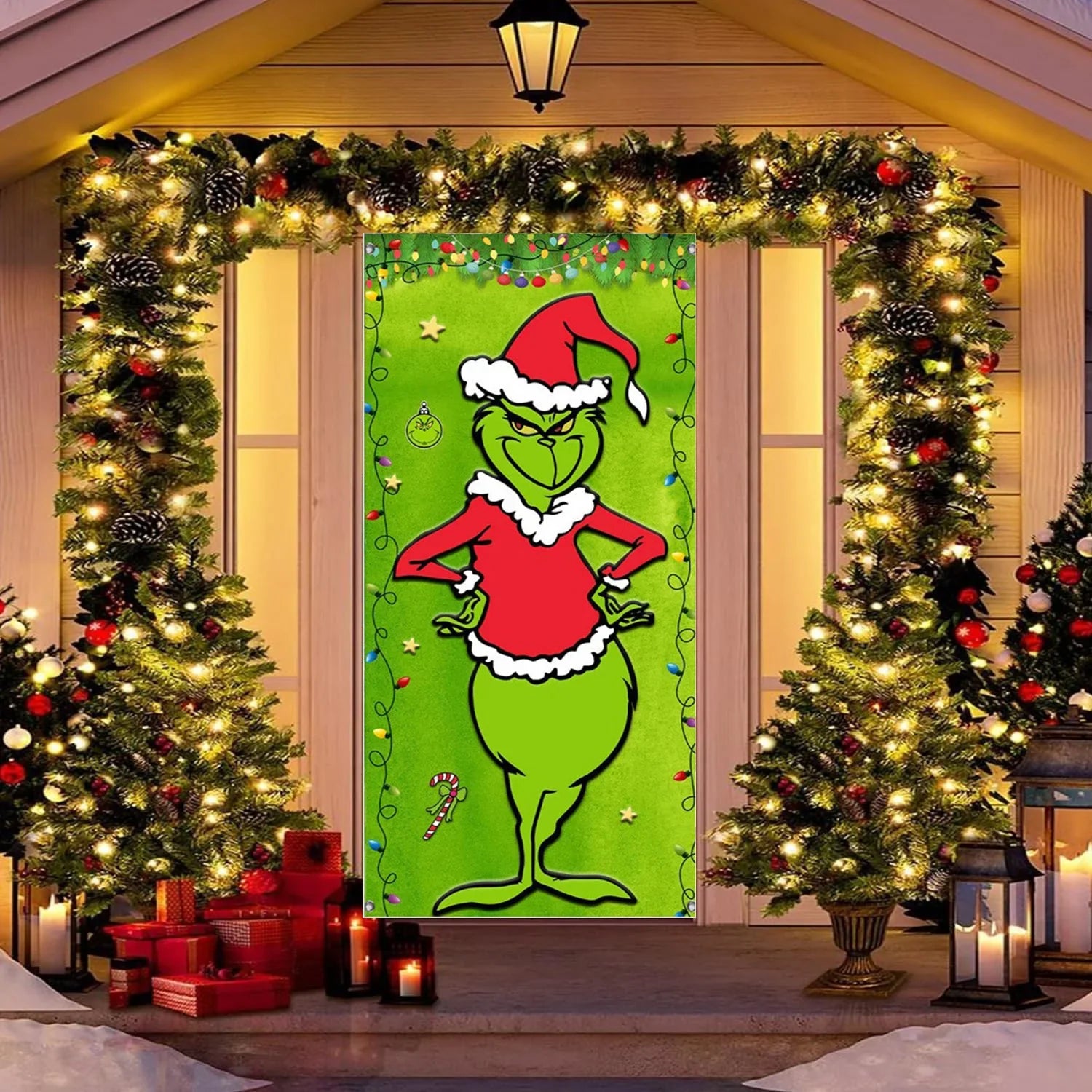 Christmas door banner, Christmas door hanging, Christmas decoration outdoor, Christmas background door hanging (green Grinch)