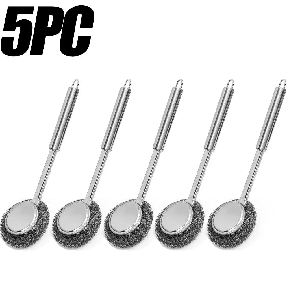 Stainless Steel Wire Brush with Long Handles Kitchen Replacement Steel Wool Wire Ball Dishwashing Brush Sink Countertop Cleaning