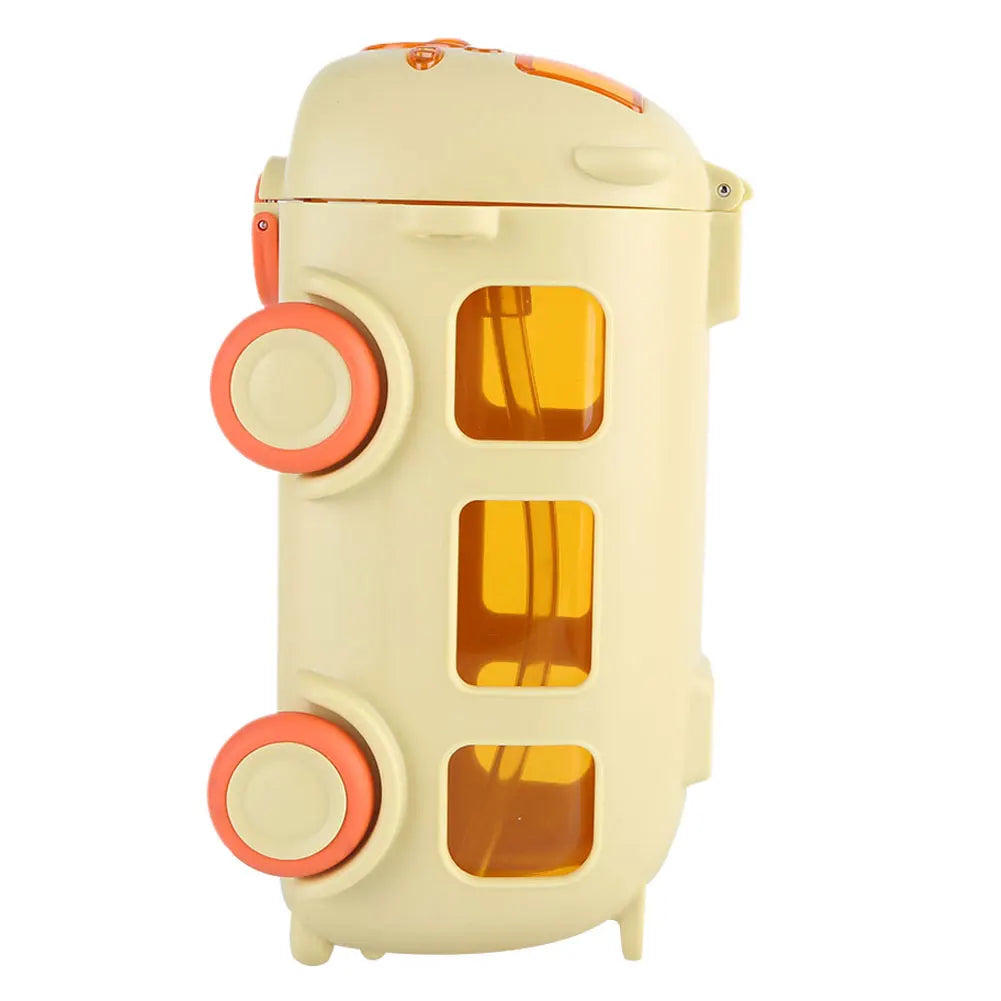 500ML Bus Shape Cartoon Water Cup with Movable Wheels & Strap Plastic Drinking Bottle Leakproof for Home Travel School
