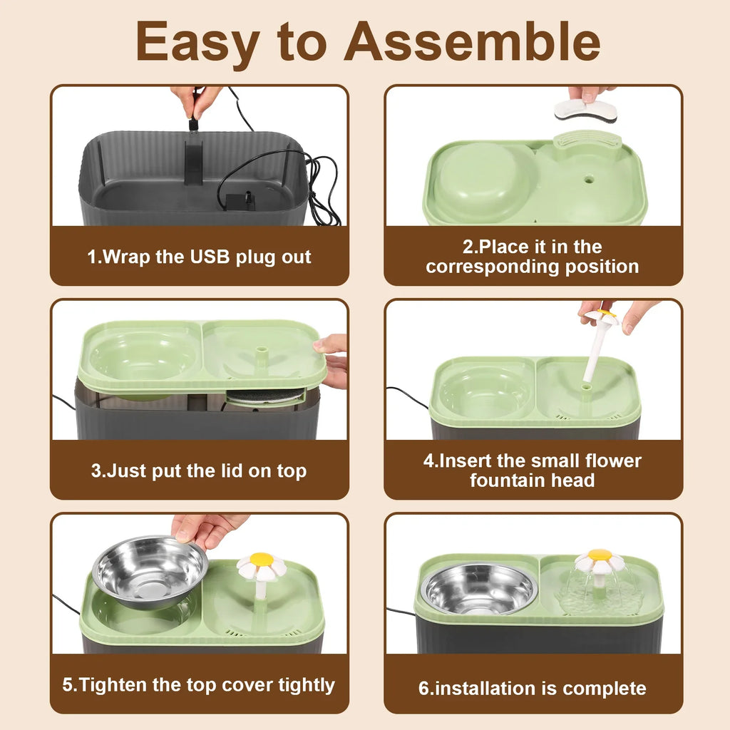 2 in 1 Cat Water Fountain and Food Bowl 3L Automatic Pet Water Fountain with Quadruple Filtration System Stainless Steel Bowl