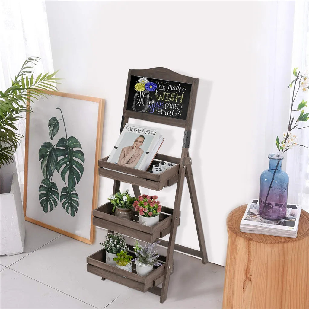Folding Ladder 3 Tier Plant Stand Garden Flower Pot Holder Shelf with Chalkboard  A-Frame Sidewalk Menu Display