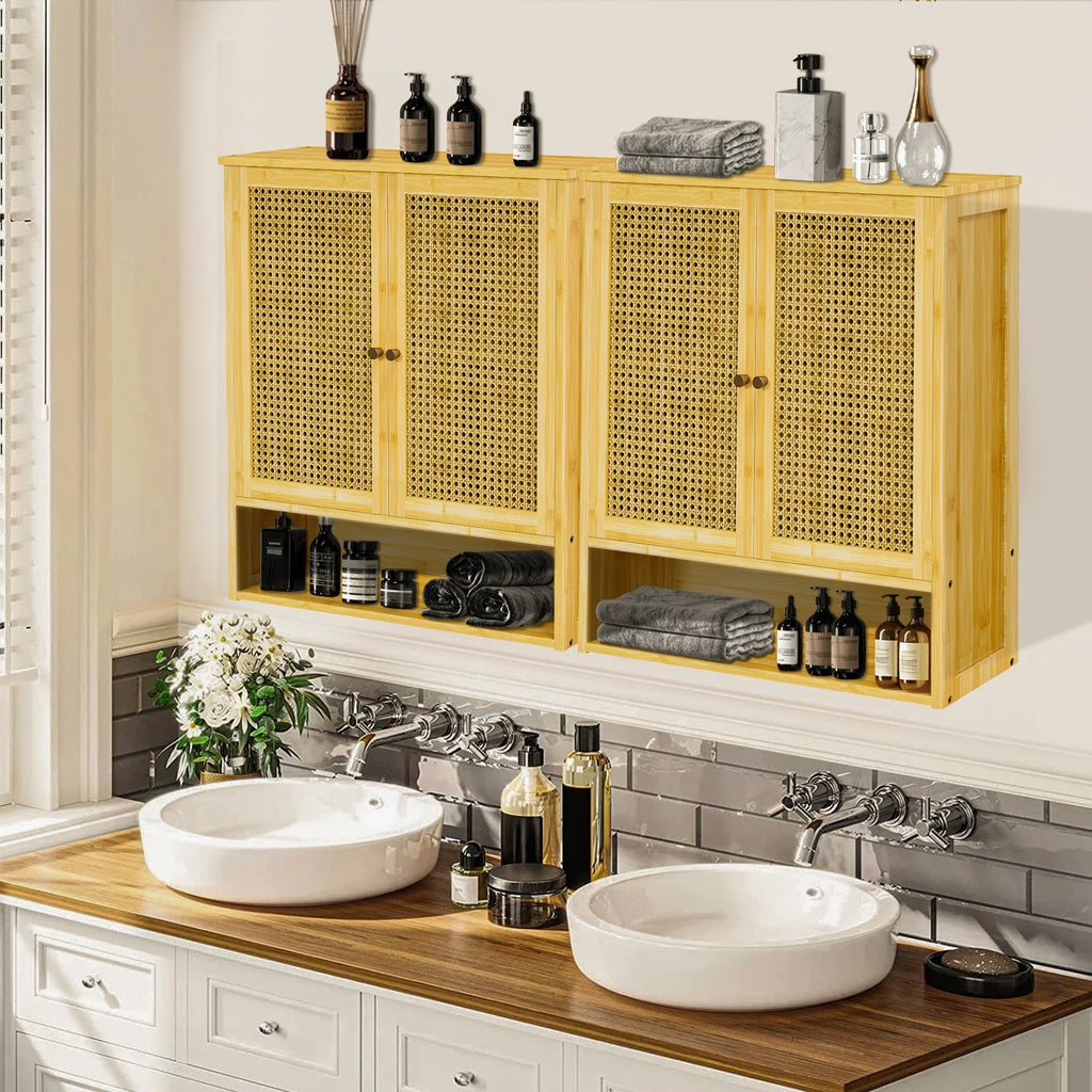 Bathroom Cabinet Wall Mounted Bamboo Storage Organizer Medicine Cabinet Unit Kitchen Shelf