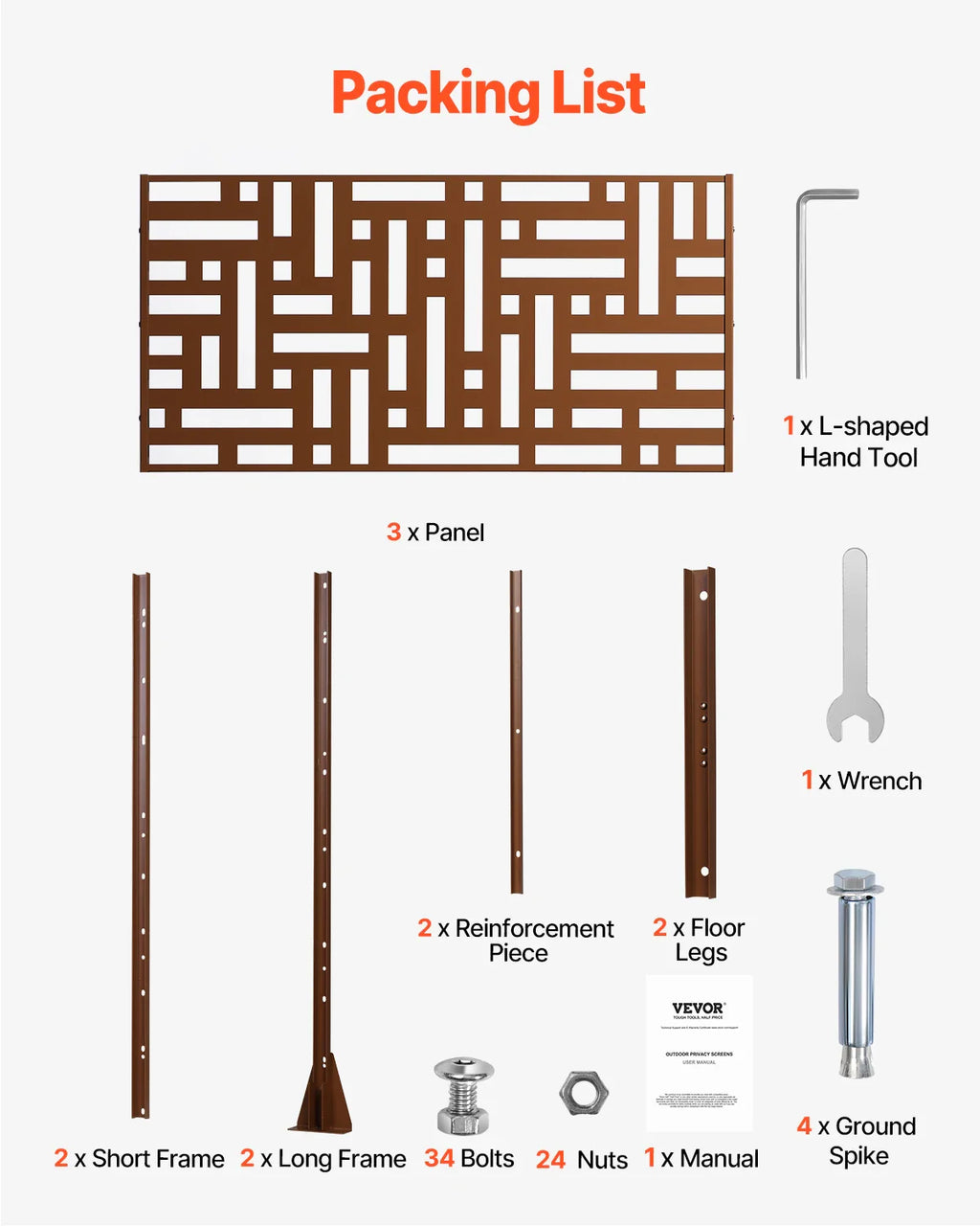 VEVOR Metal Privacy Screen Freestanding Outdoor Divider with Stand 3-Panel Decorative Garden Steel Privacy Fence for Balcony