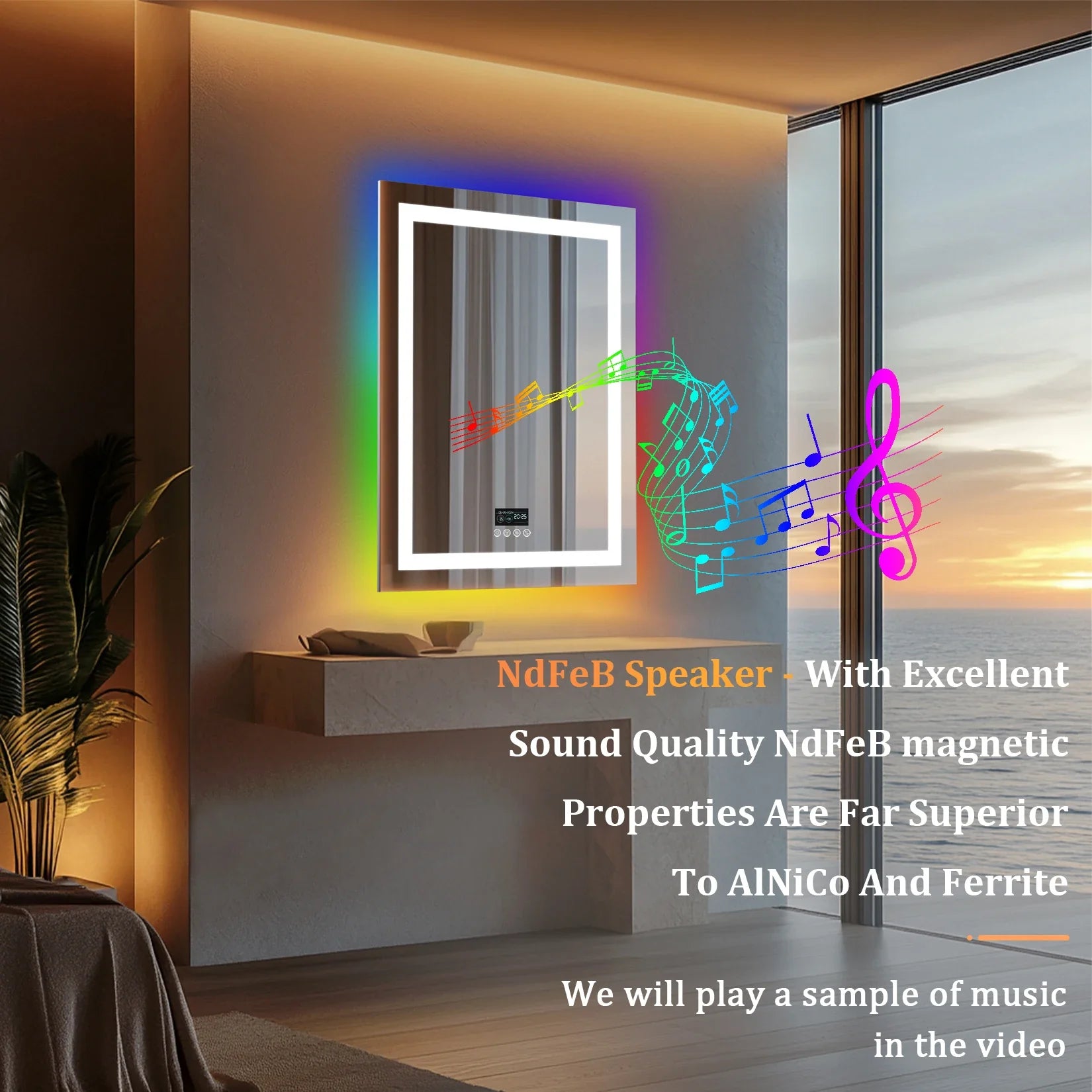 Rectangular LED Bathroom Mirror, Front-lit, RGB Backlight, Touch Antifog Vanity Mirror with Date and Time Bluetooth Speaker