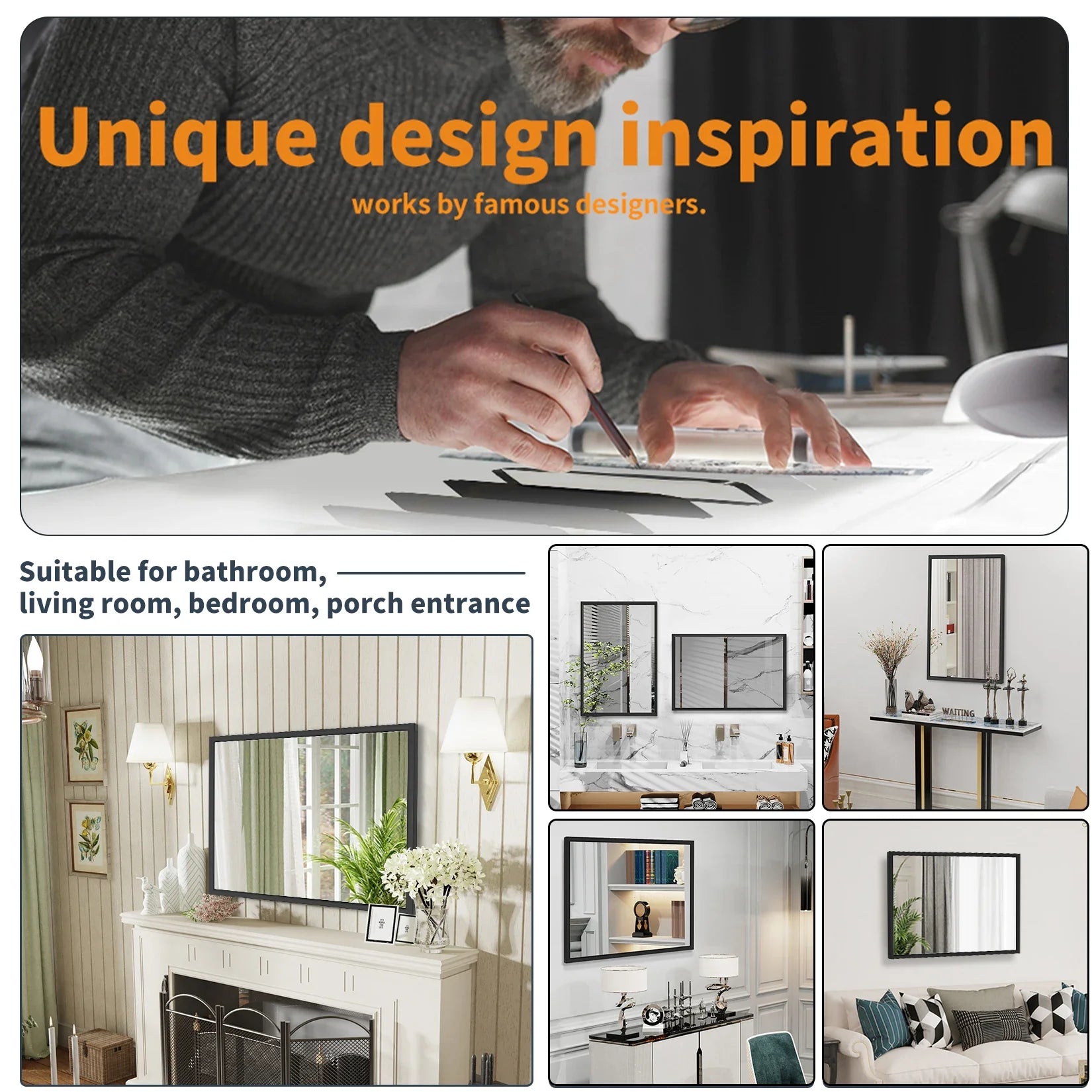 60x90CM Rectangular Wall Mounted Mirror Bathroom Bedroom Makeup Dressing Mirror Black Framed Horizontal or Vertical