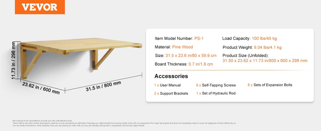VEVOR Wall Mounted Folding Table Wooden Floating Desk with Iron Bracket Drop Leaf for Home Office Kitchen Bar Space-Saving