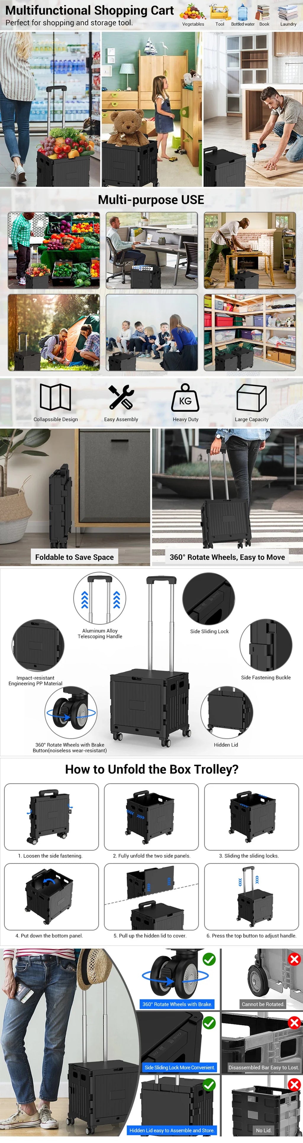 Folding Utility Cart Portable 360° Rolling Wheels Telescopic Handle Trolley Collapsible Shopping Box with Lid for Camping Office