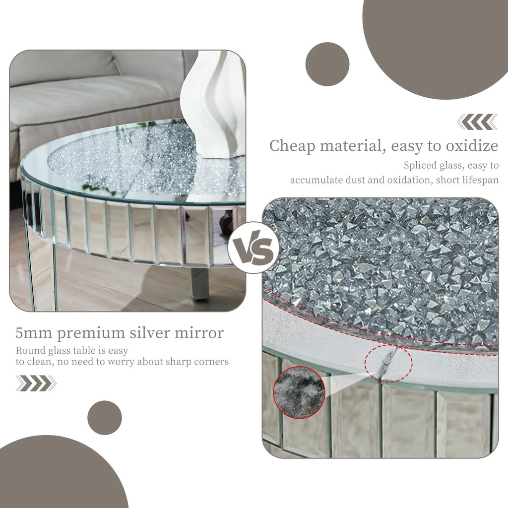 FATIVO Large Round Mirrored Coffee Table Beveled Bling Crushed Diamond End Table