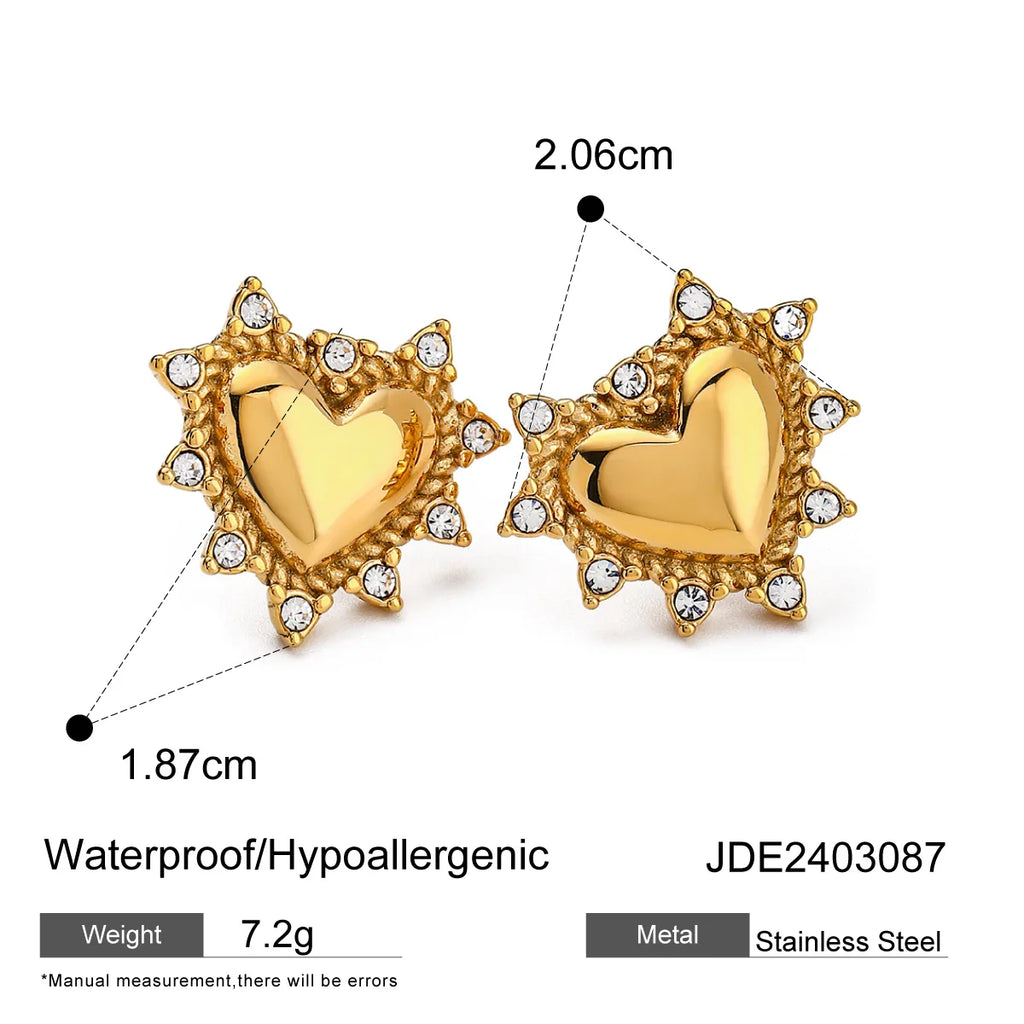 Uworld Luxury Rhinestone Inlay Heart Stud Earrings for Women Stainless Steel 18K PVD Plated Texture Waterproof Charm Jewelry