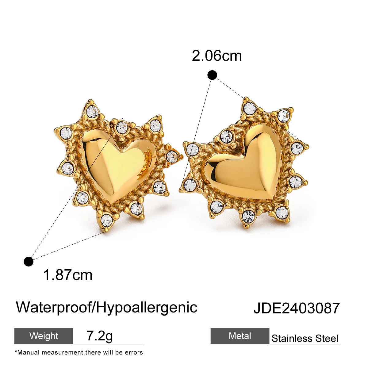 Uworld Luxury Rhinestone Inlay Heart Stud Earrings for Women Stainless Steel 18K PVD Plated Texture Waterproof Charm Jewelry