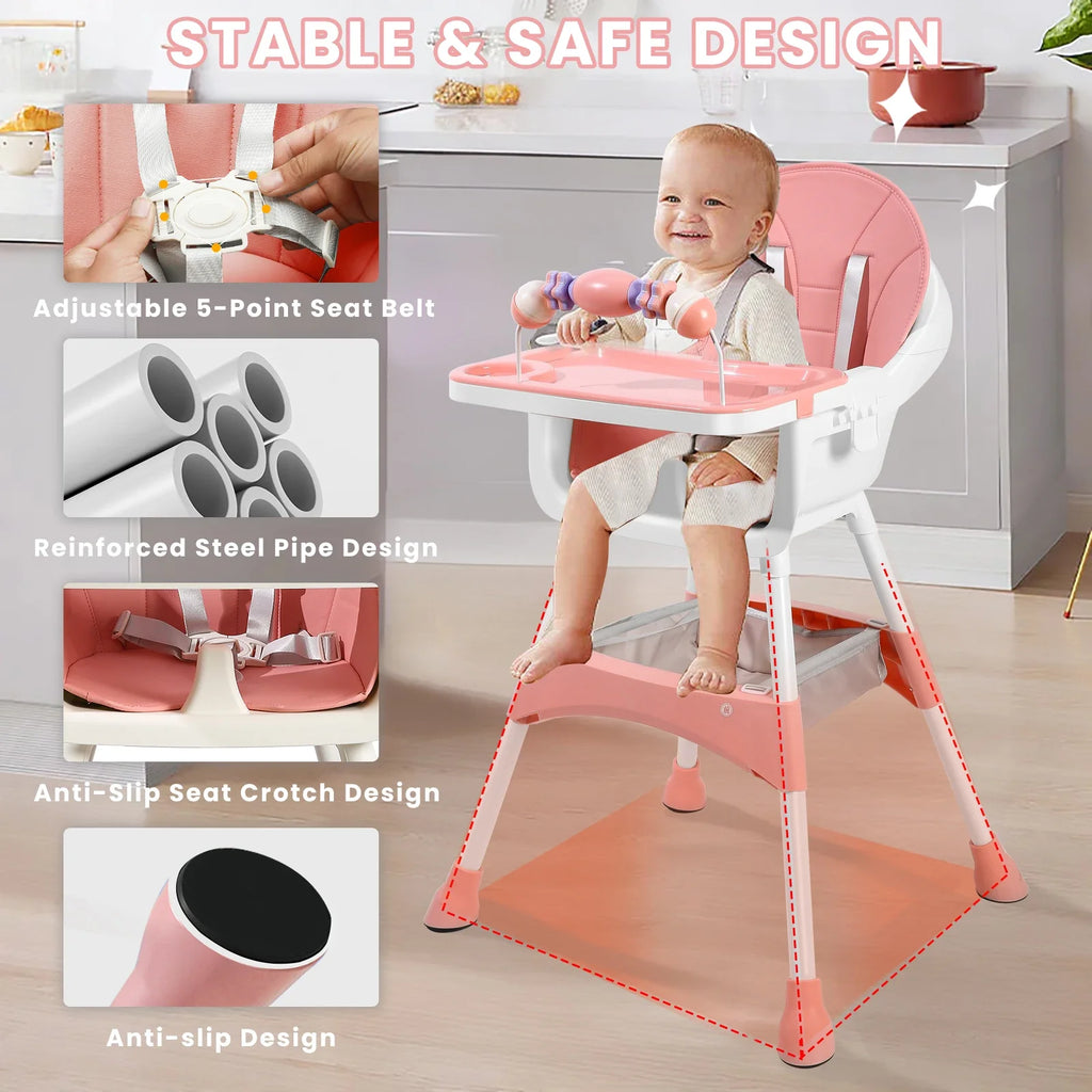Baby High Chair, Portable Baby Dining Chairs Eat & Play Convertible High Chair with Double-Layer Dinner Plate and Toy Rack