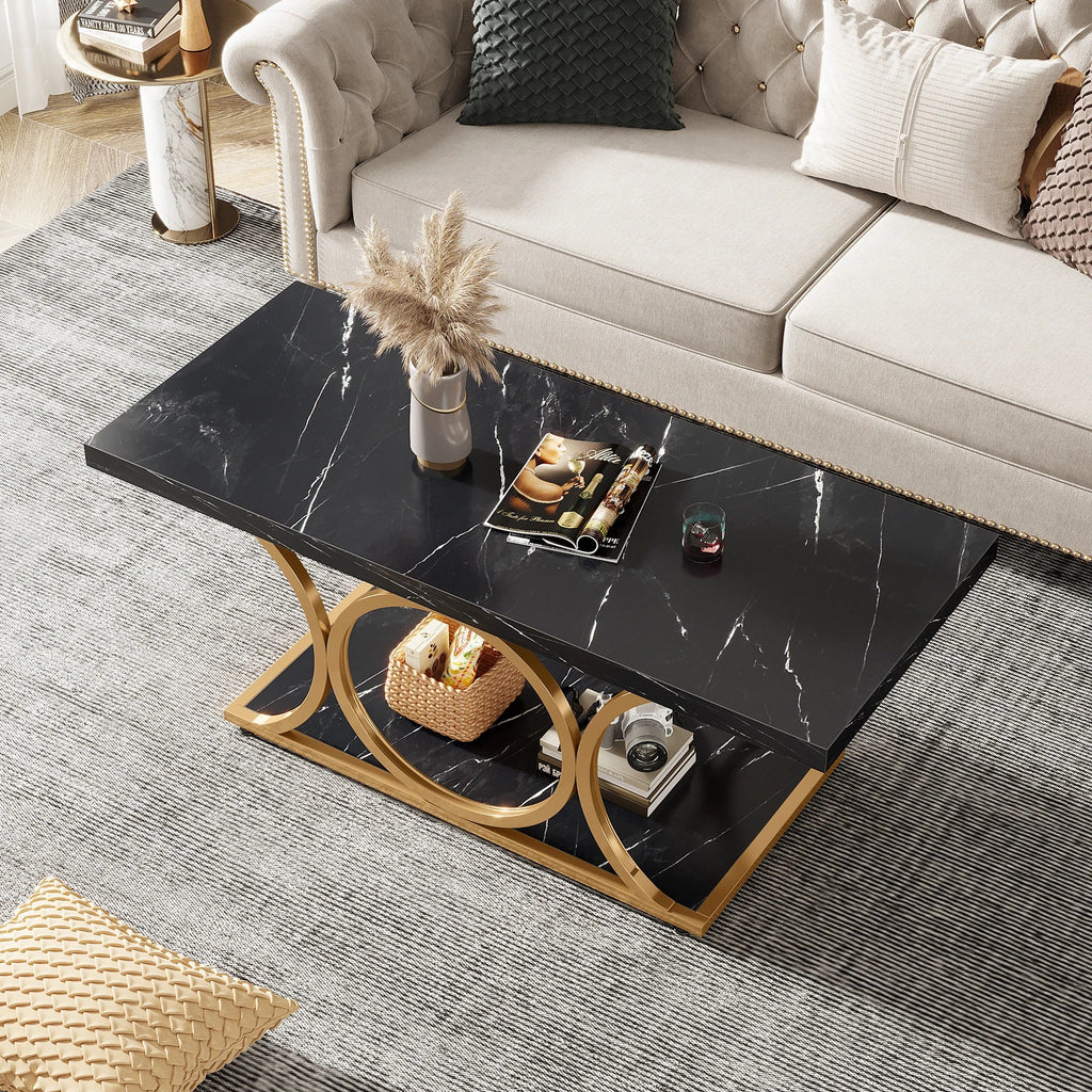 Tribesigns Rectangle Coffee Table, 47.24-inch Modern Coffee Tables for Living Room, 2-Tier Faux Marble Wood Coffee Table