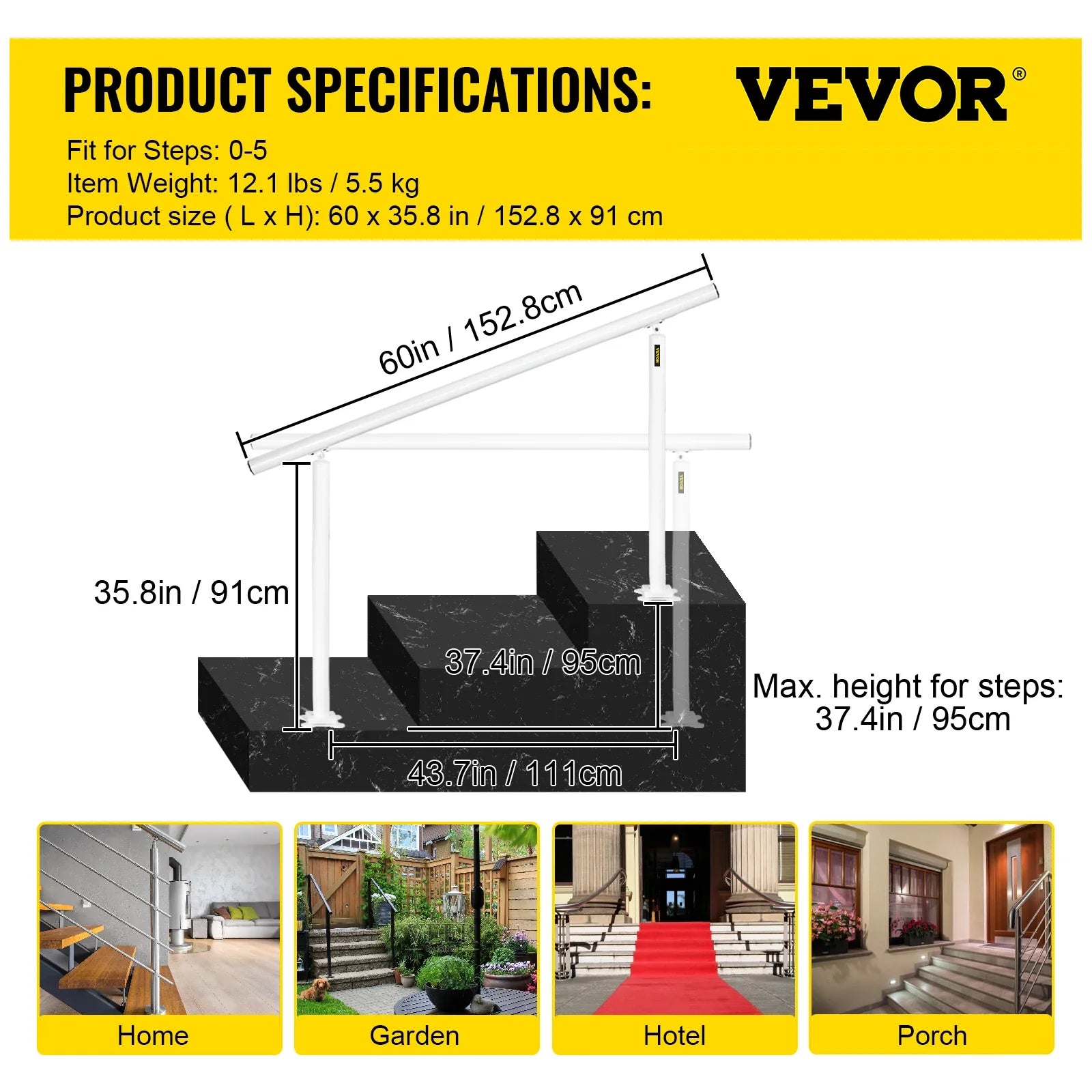 VEVOR Handrail for Outdoor Steps Aluminum Stair Handrail Fit 0-5 Steps w/ Installation Kit Building & Hardware Home Improvement