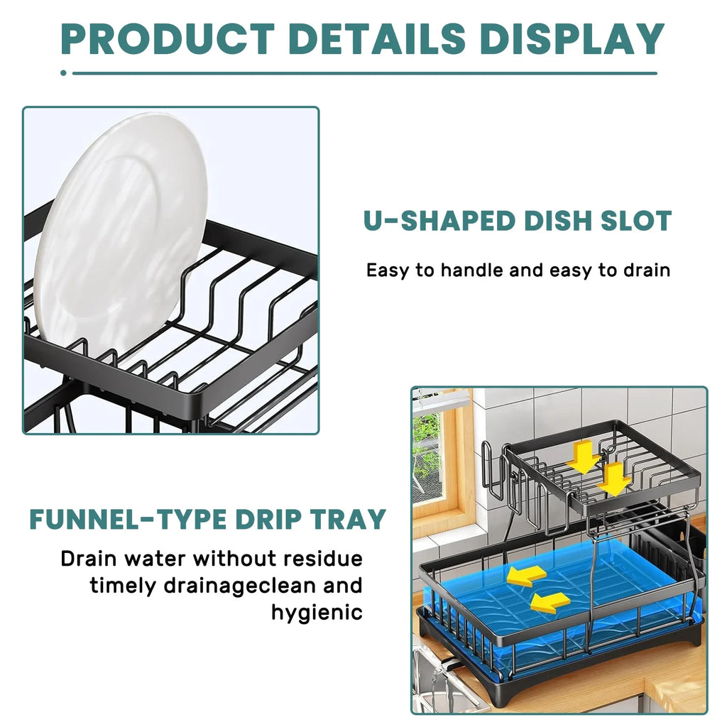 Large 2-tier dish drying rack for kitchen countertops, removable large-capacity dish draining rack