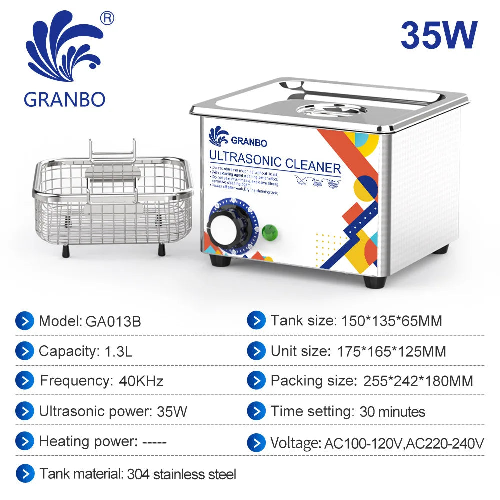 Granbosonic Ultrasonic Cleaner 800ML 1L 40KHz 35W 60W Easy Operation Jewelry Glasses Makeup Washer Bath New Design