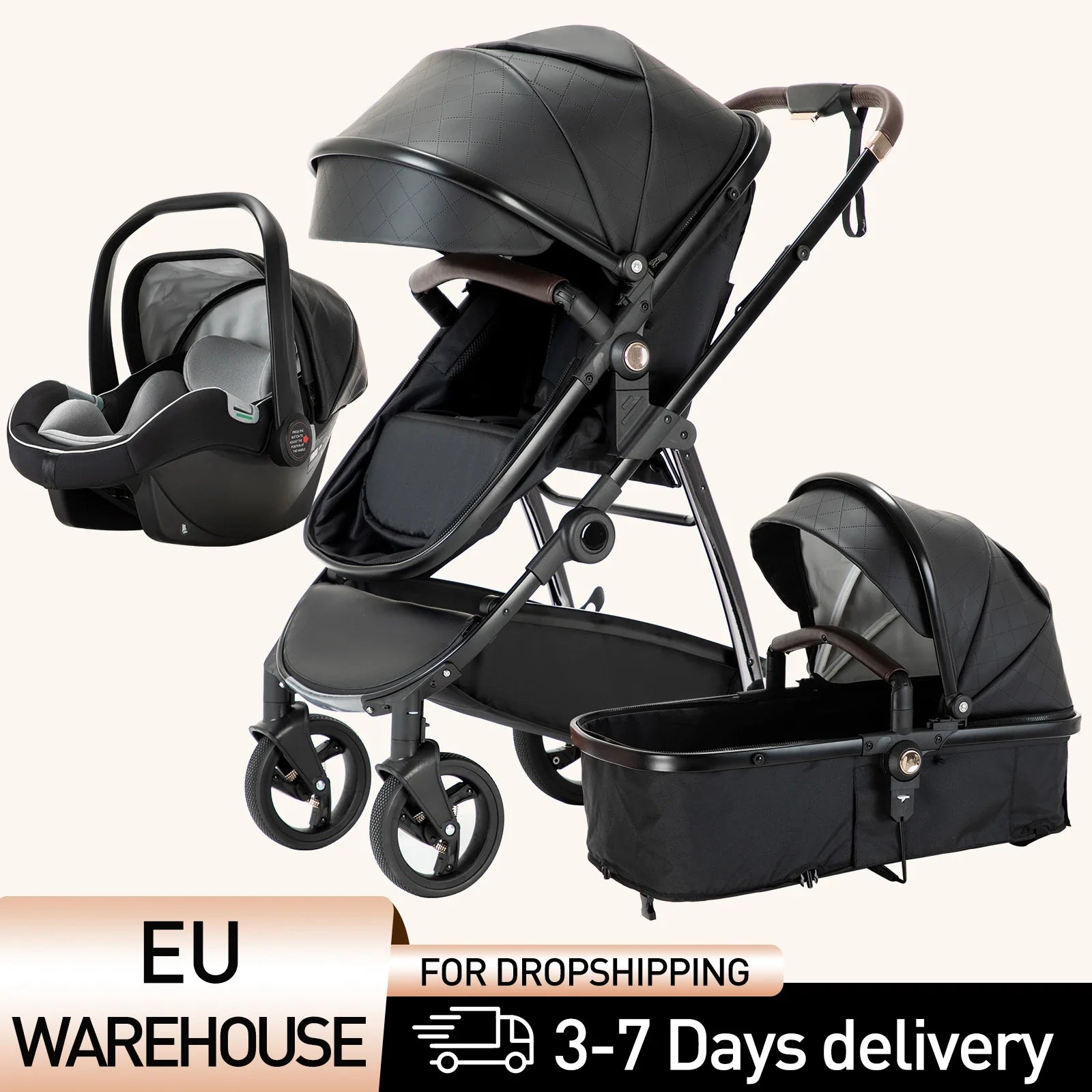 Baby stroller 3 in 1 Baby carriage Portable luxurious travel pram High landscape newborn baby stroller with baby carrier PU