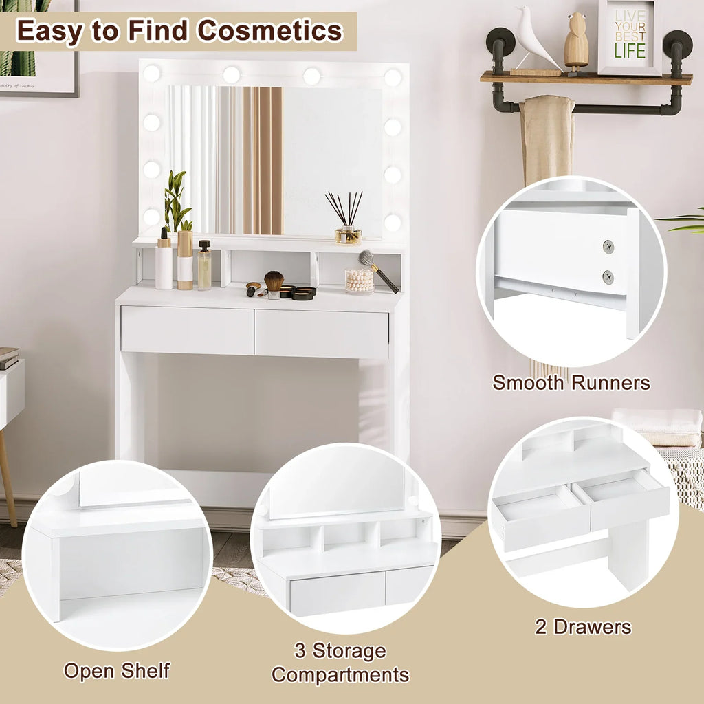 White Wooden Dressing Table Make up Cosmetic Table  with Adjustable LED Lighting Mirror vanity dresser for Gilrs  Women Bedroom